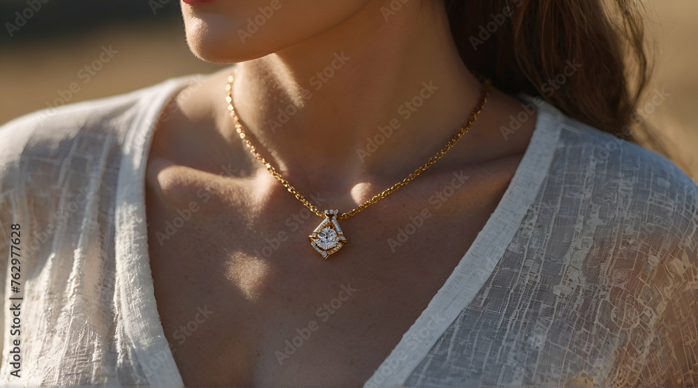 Elegant woman wearing a stunning pendant in soft sunlight Delicate chain with a precious gem Opulent jewelry. generative.ai Elegant woman wearing a stunning pendant in soft sunlight Delicate chain with a precious gem Opulent jewelry. generative.ai