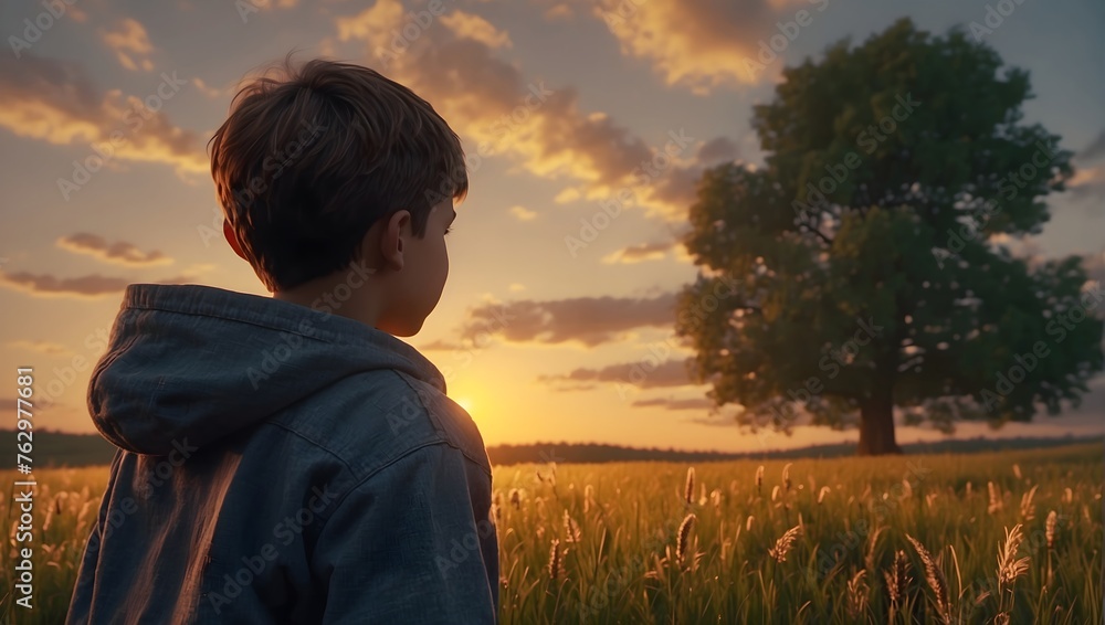 A young boy watching the sunset lonely in a big field A young boy watching the sunset lonely in a big field