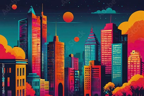 Unique and colorful retro cityscape risograph vector design. Vibrant urban artwork with vintage flair. photo