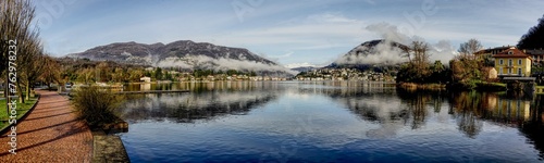 Panorama picture of Lake Lugano between Caslano and Lavena Ponte Tresa.