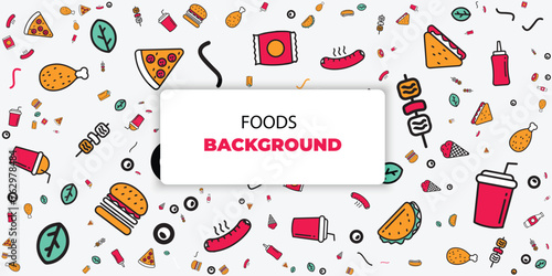 seamless food pattern with modern icon colors. food, pizza, burgers, drinks, sauces and sandwiches, vector background