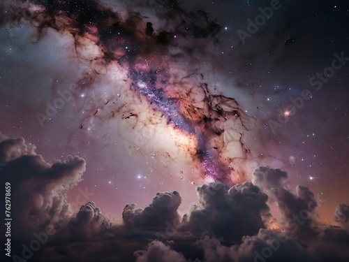 A dreamy world of celestial beauty with the milky way, featuring a unique blend of pastel hues and cosmic dust.