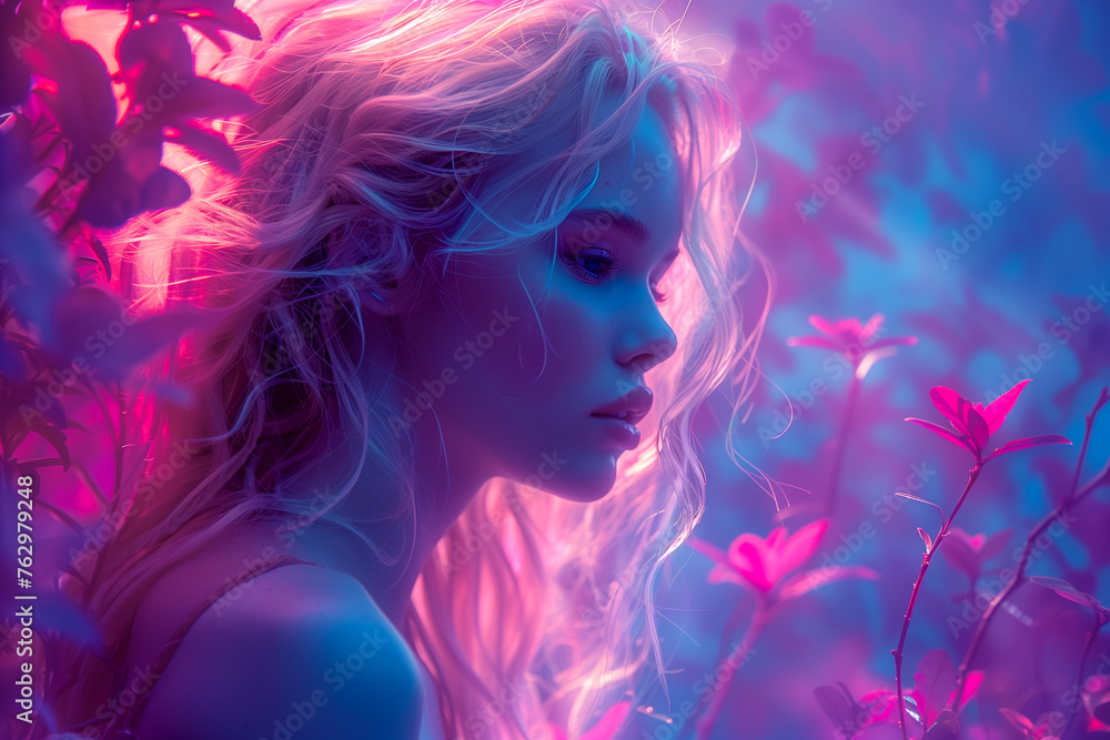 Mystical portrait of a beautiful girl in the forest. Delicate neon glow. Fairytale image.