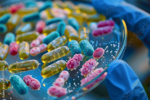 Laboratory scene showing gloved hands analyzing a mix of pharmaceutical capsules and a bacterial culture on a petri dish, connecting medicine and microbiology.