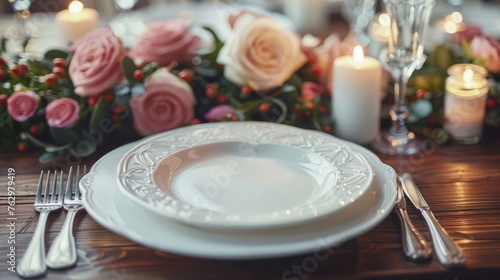 Elegant table setting with pink flowers in restaurant  Festive table setting for Valentine s Day