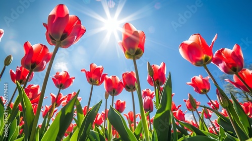Red tulips field in blue sky and sunshine background, backdrop image