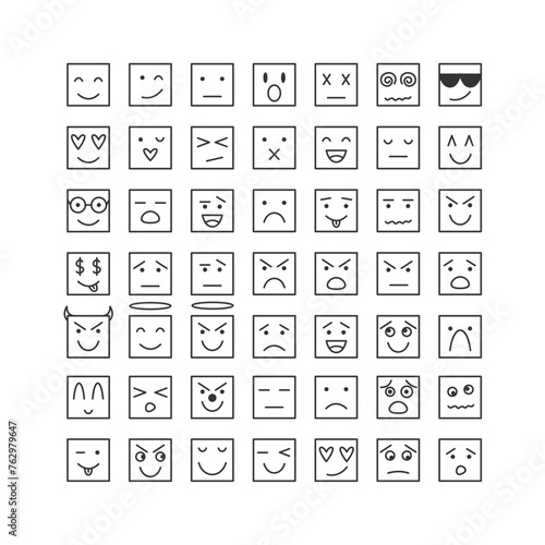 Doodle Square Faces Comic Set. Laughing, Happy, Confused, Sad, Angry, Offended, Winking, In Love Characters. Emoticon with Different Emotions Collection. Vector Illustration of Emoji Icons. 