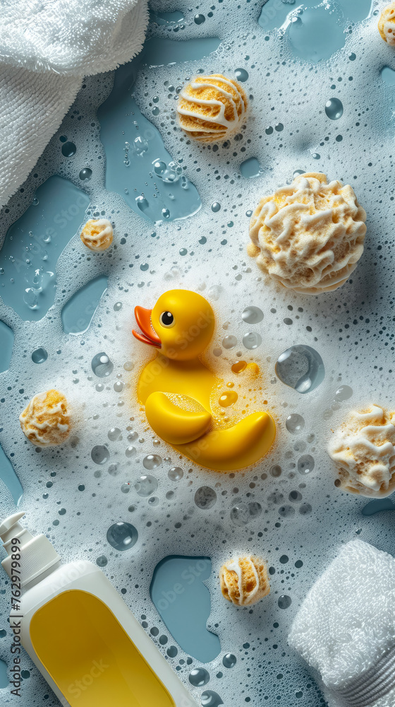 everything floats in soap foam flat lay Rubber Duckie, Soap Foam Fun, Kid-Friendly Shampoo Bottles, Soft Hooded Towel in the left side top view, minimalistic, highly detailed