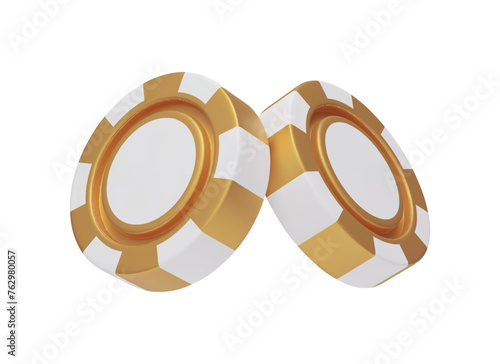 Pair of 3D gold and white rotating casino chips. Casino, gambling game, betting symbols. Online gambling token for slot, poker, roulette, blackjack tools three dimensional vector illustration