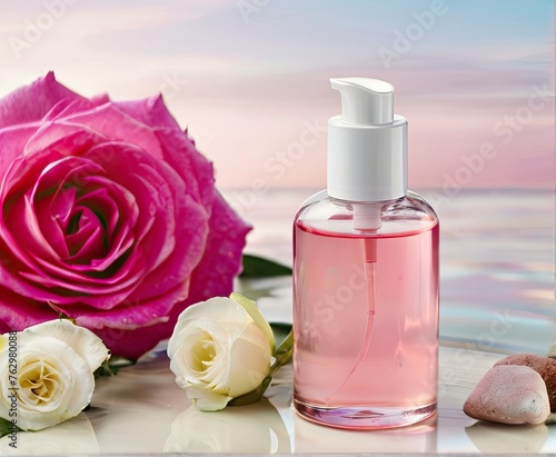 Picture a tranquil spa setting with a cosmetic bottle surrounded by pink roses atop water, against a serene blurred landscape—a haven for skin care indulgence.