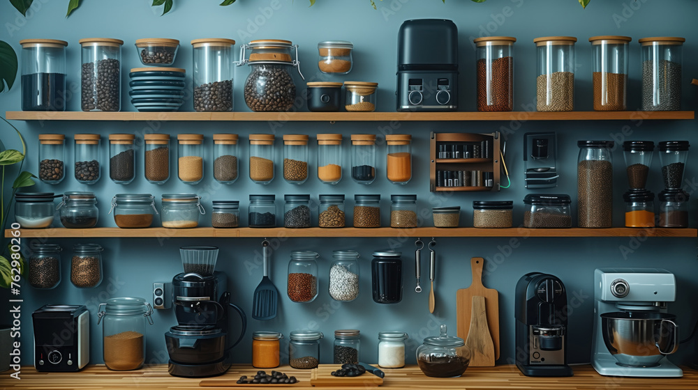 set of coffee beans on wooden shelves