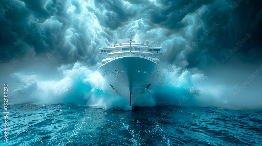 Storm in the North Sea. The ship makes its way among the raging waves and ice. - obrazy, fototapety, plakaty 