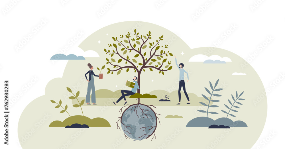Environmental wellness and sustainable, green practices tiny person concept, transparent background. Society responsibility for nature protection and harmony from ecological lifestyle illustration. - obrazy, fototapety, plakaty 