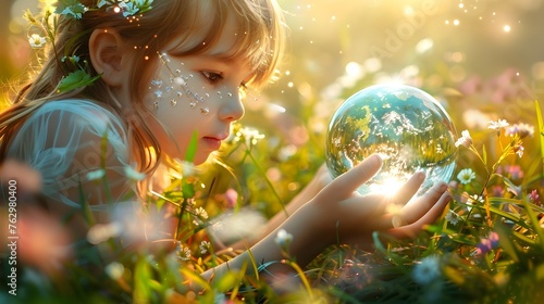 Child Gazing at Crystal Globe Surrounded by Lush, Flourishing Earth Symbolizing Passing on a Healthy Planet to Future