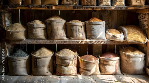 Old-Fashioned Pantry Showcasing Bountiful Grains and Rustic Charm © Meta