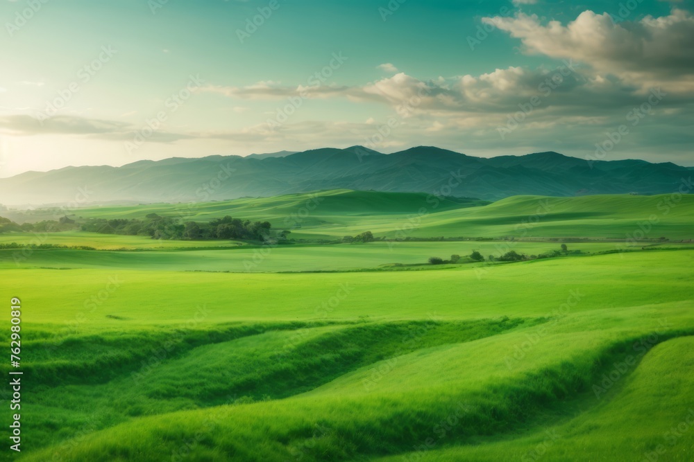 beautiful natural scenery of green fields with clear sky