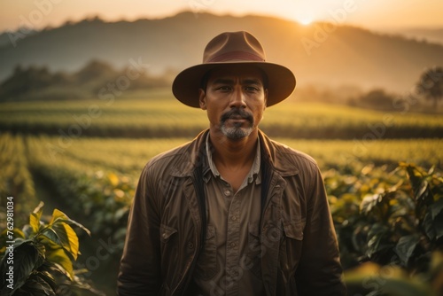 man in coffee field at sunrise