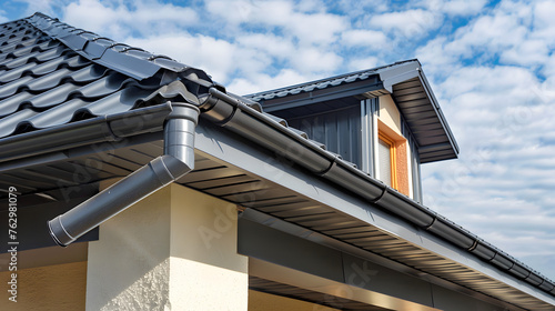 Rain gutters on a house with a metal roof.