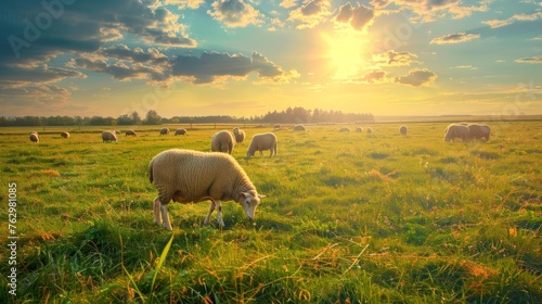 Herd of Sheep Grazing on Lush Green Field