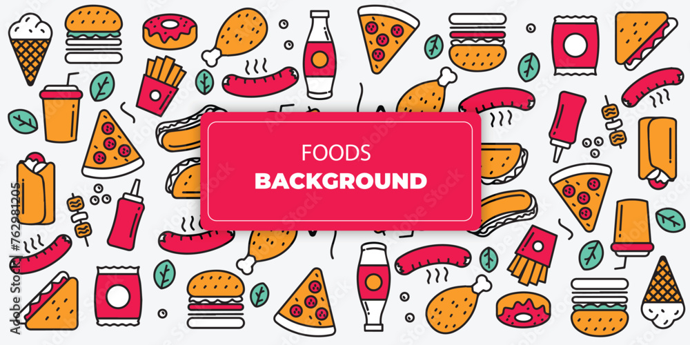 seamless food pattern with modern icon colors. food, pizza, burgers, drinks, sauces and sandwiches, vector background