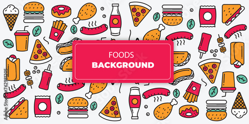 seamless food pattern with modern icon colors. food, pizza, burgers, drinks, sauces and sandwiches, vector background
