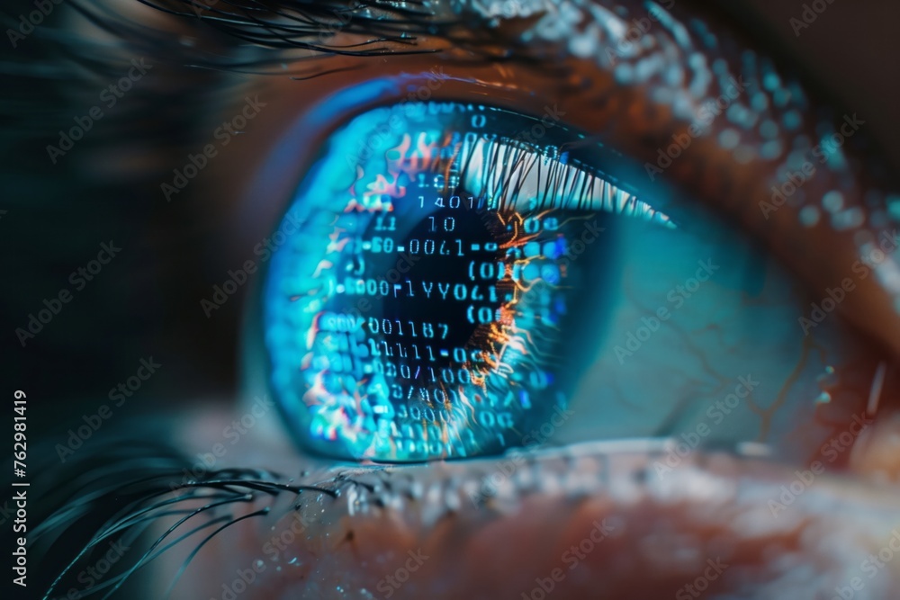 Computer vision concept. Human eye with binary code inside. Fusion of ...