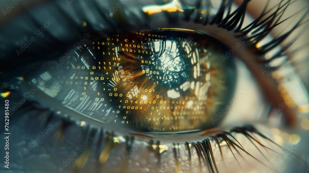 Computer vision concept. Human eye with binary code inside. Fusion of ...