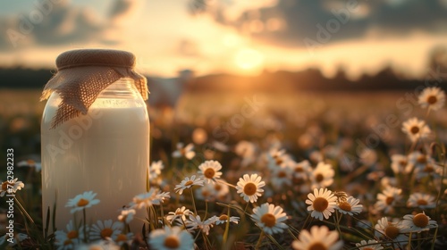 can of milk landscape of flower meadow