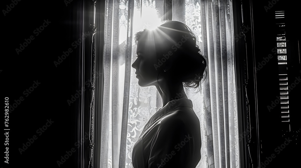 Black and white image of a woman in a dressing gown in front of a window. - obrazy, fototapety, plakaty 