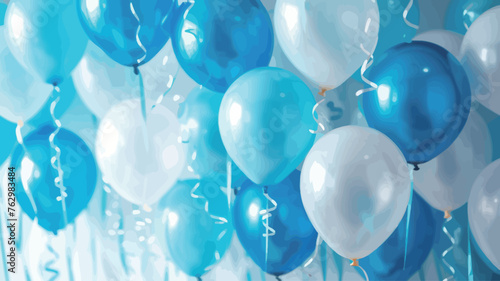 blue and white balloons with hearts on the bottom of them