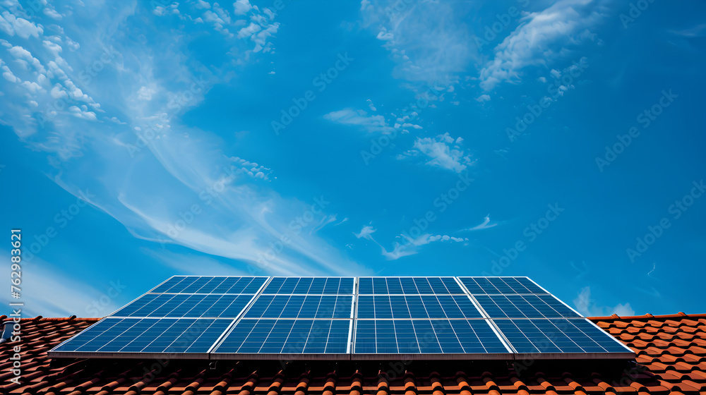 Fototapeta premium Solar panels on roof top of house, beautiful blue sky background.