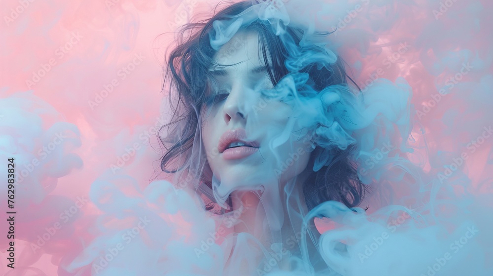 Young woman surrounded by swirling blue pastel smoke on isolated pastel pink background