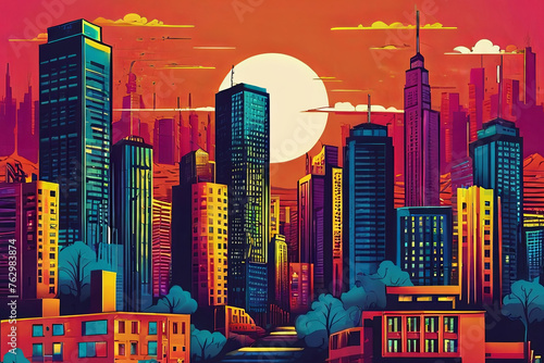 Unique and colorful retro cityscape risograph vector design. Vibrant urban artwork with vintage flair.