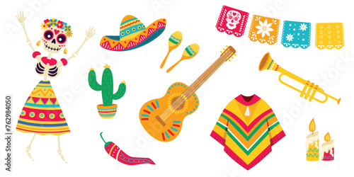 Cinco de mayo vector set. Mexican skull, sombrero, jalapeno pepper, mexican hat, guitarcas, cactus, candle.