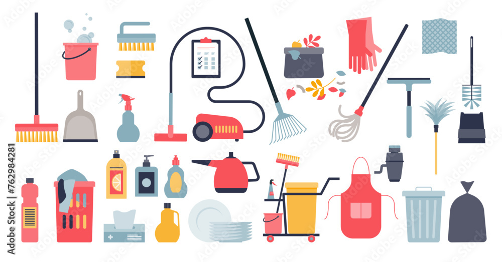 Cleaning objects and washing equipment for household hygiene collection set. Isolated elements with sponge, chemical detergents, soap or washing solutions for professional cleanup vector illustration Cleaning objects and washing equipment for household hygiene collection set. Isolated elements with sponge, chemical detergents, soap or washing solutions for professional cleanup vector illustration