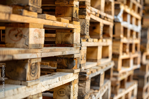 Stack of wooden pallet. Industrial wood pallet at factory warehouse.