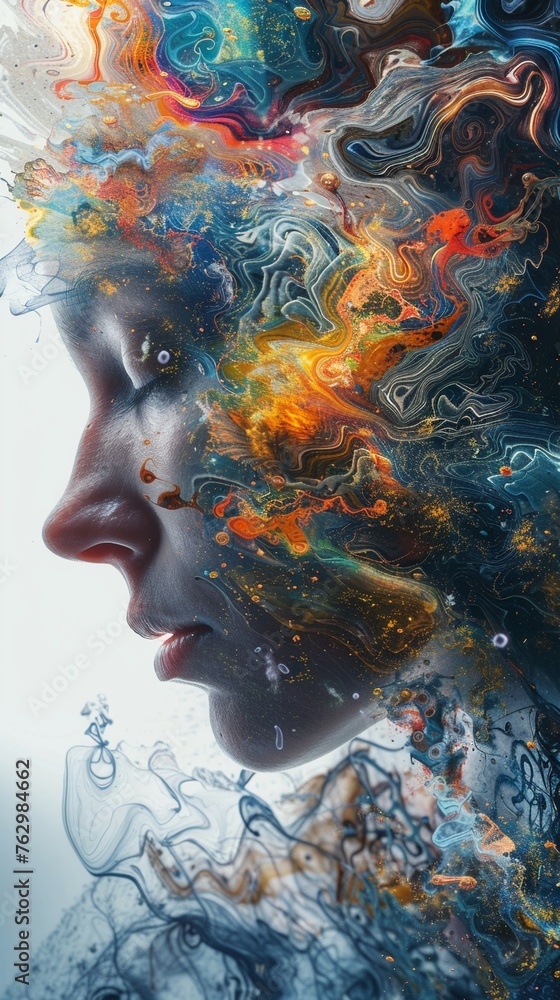 An artistic representation of a human profile overlaid with vibrant, swirling abstract colors suggesting creativity and imagination. An artistic representation of a human profile overlaid with vibrant, swirling abstract colors suggesting creativity and imagination.