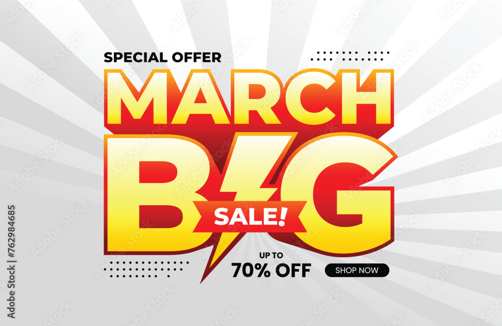 March Big Sale text with extrude effect and lightning icon. For banner, poster, header, logo, template, social media, website. Vector Illustration