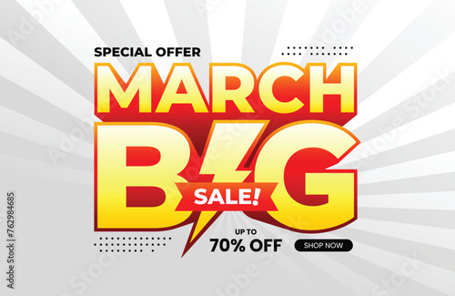 March Big Sale text with extrude effect and lightning icon. For banner, poster, header, logo, template, social media, website. Vector Illustration