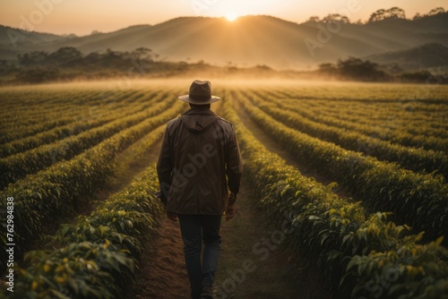 man in coffee field at sunrise