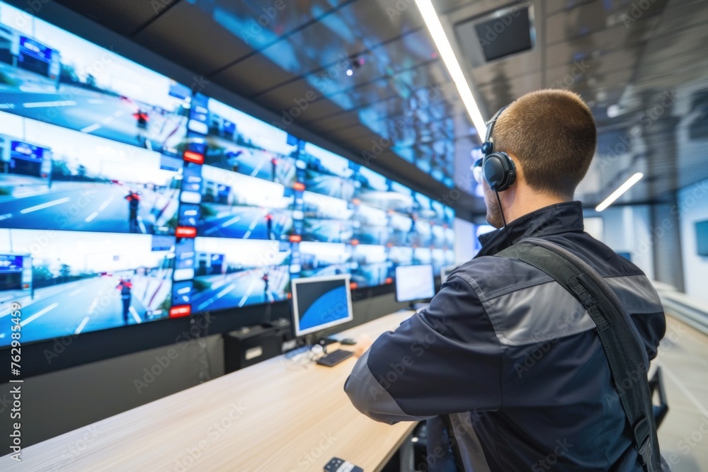 Security guards monitor the operation of the control room with a video wall to provide legal services Security guards monitor the operation of the control room with a video wall to provide legal services