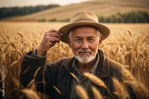 mature farmer in agricultural wheat field. agriculture, farming and harvesting concept