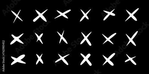 Doodle crosses set. Hand drawn different No cross signs. Abstract sketch symbols on black background