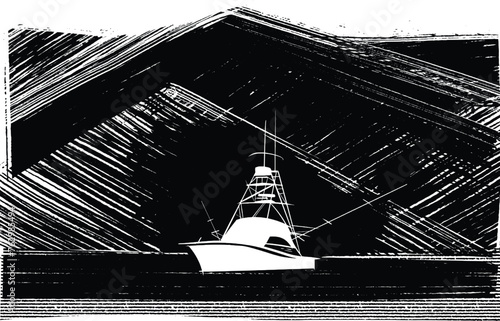 vector illustration of a silhouette fishing boat ship in the sea