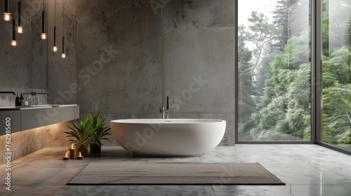 Modern bathroom design with a serene forest view  featuring a freestanding bathtub  concrete walls  and warm ambient lighting.