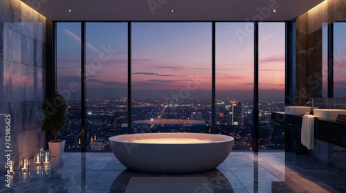 An opulent bathroom offering a panoramic cityscape at dusk, with a glowing freestanding tub and reflective marble floors creating an ambiance of luxury. photo