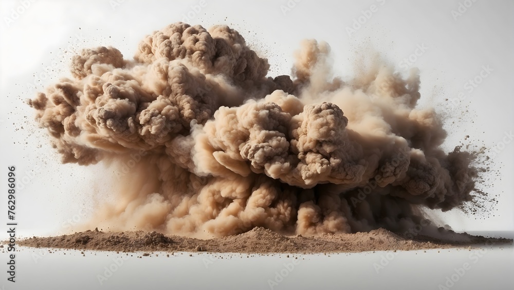 An isolated explosion of dry earth, showcased as an abstract cloud of dust against a pure white backdrop Generative AI - obrazy, fototapety, plakaty 