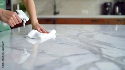 a mother's hands are cleaning the table with a cloth and spray