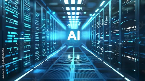 A server room with the word AI in the distance, zoom-out animation background. photo