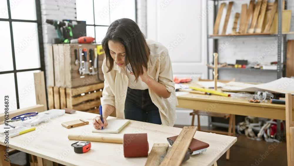 Hispanic woman writing notes in a carpentry workshop while talking on the phone, portraying a professional and focused craftsman at work. Hispanic woman writing notes in a carpentry workshop while talking on the phone, portraying a professional and focused craftsman at work.